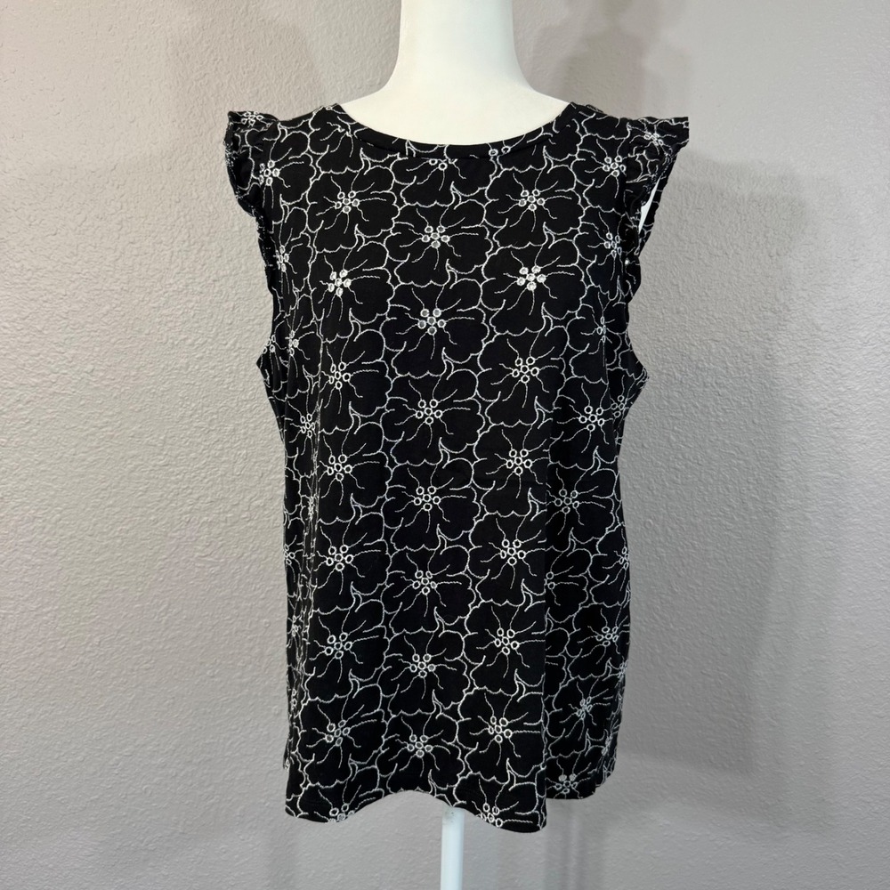 LOFT Women's‎ Size L Black Floral Embroidered Flutter Sleeve Tank Top
